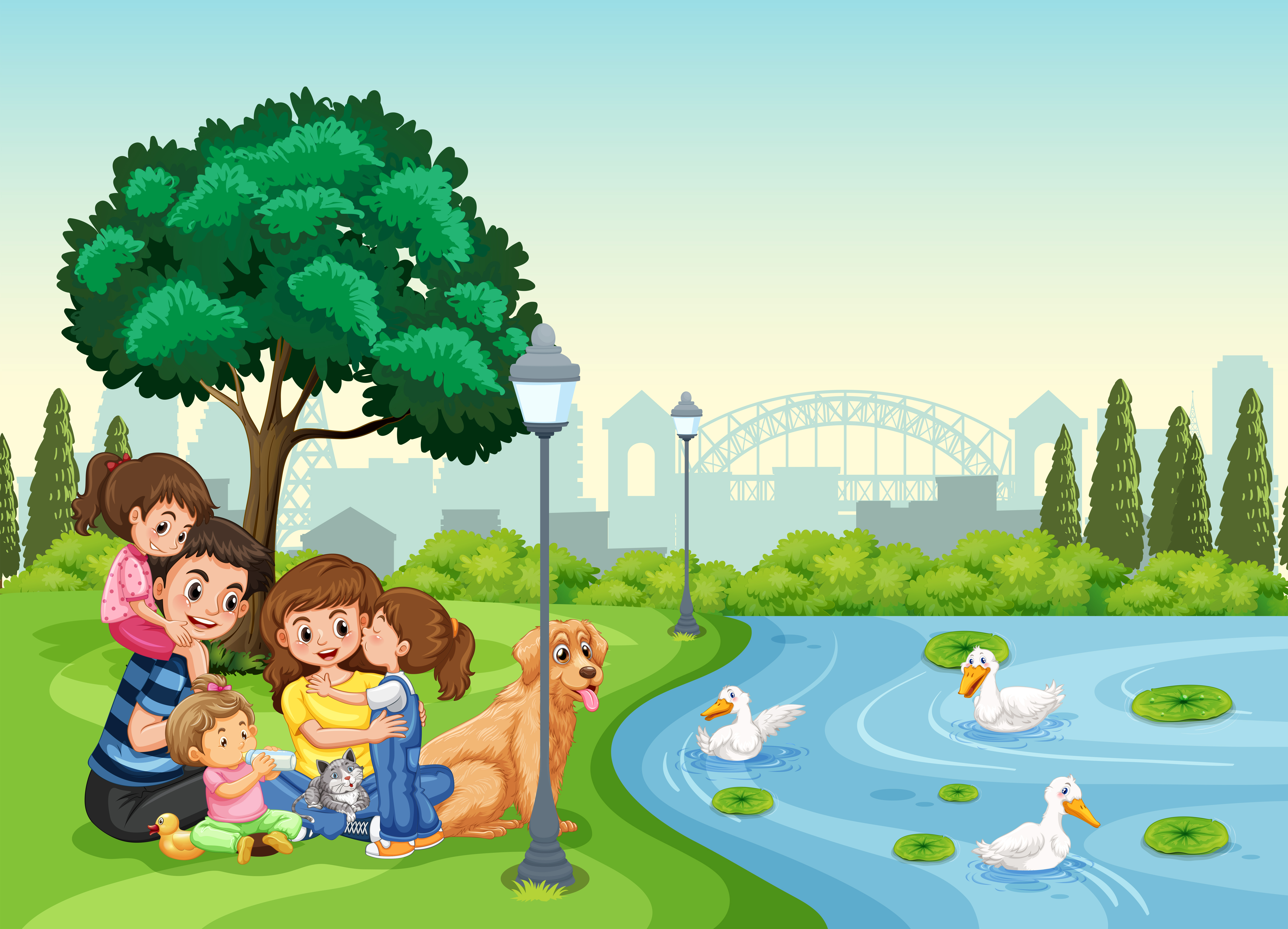 Рисунок река и люди и парк
