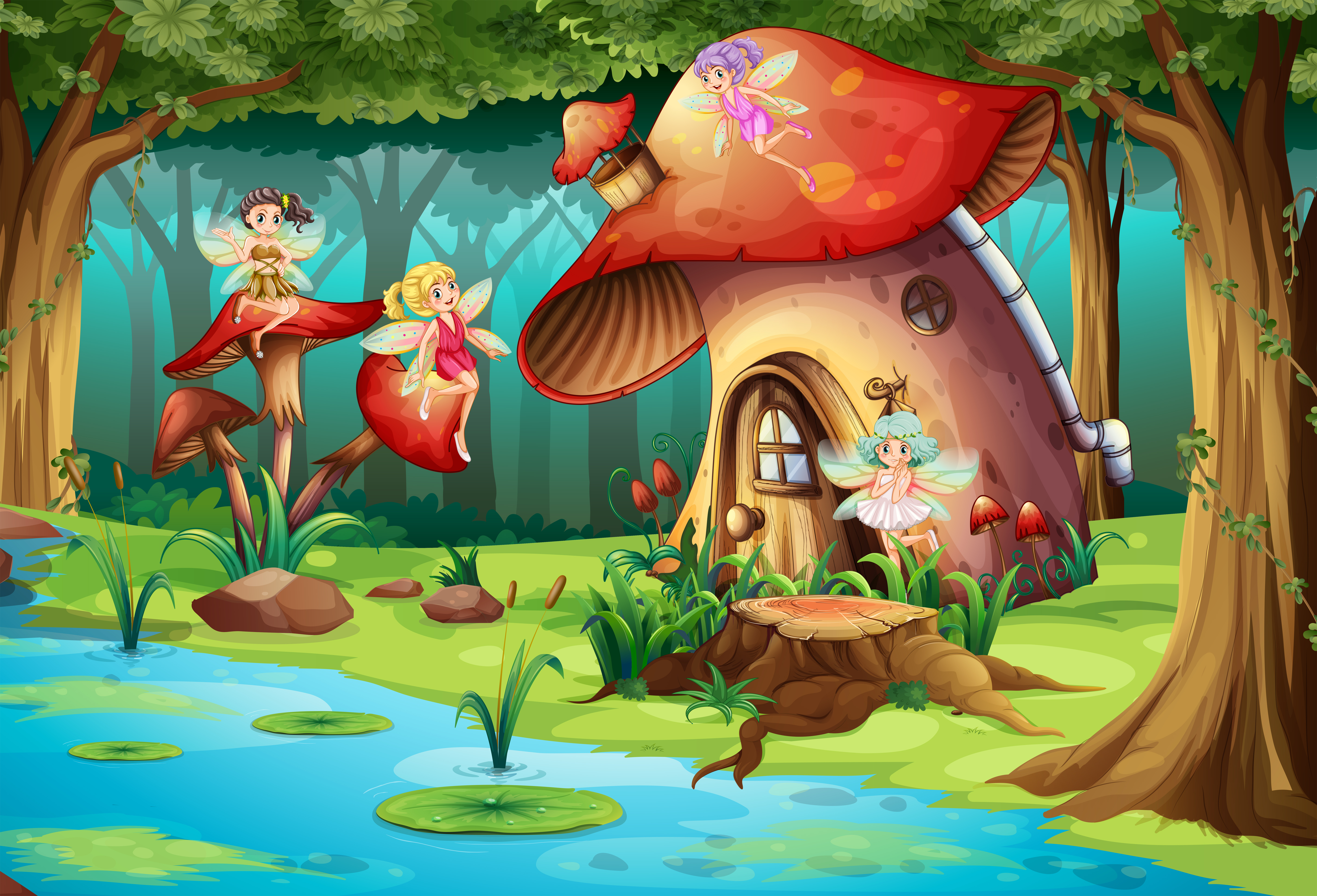 Fairies flying around mushroom house 417625 Vector Art at Vecteezy