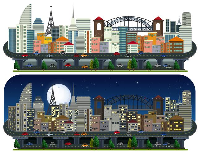 Un conjunto de ciudad moderna día y noche vector