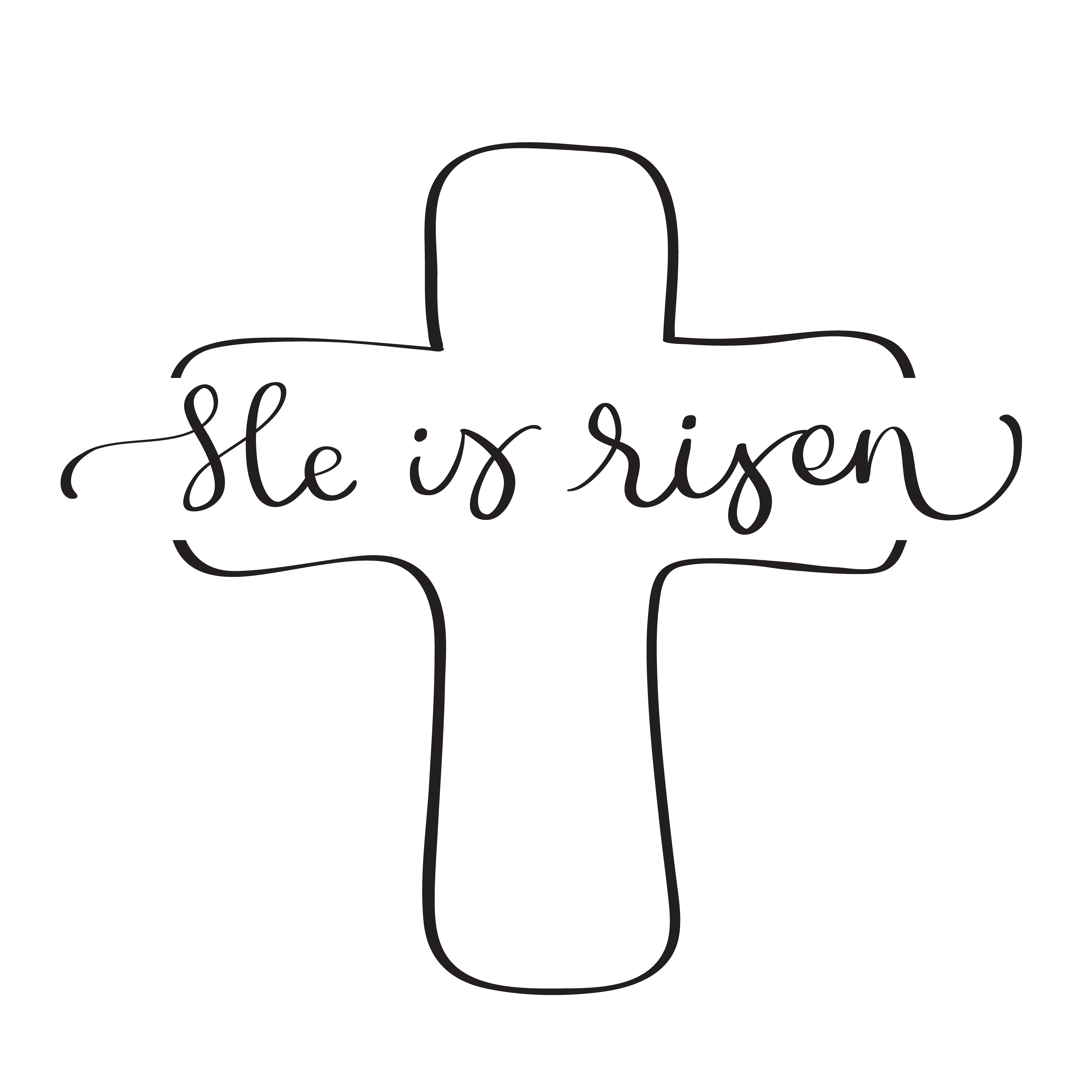 He is Risen text with cross on white background. Calligraphy lettering