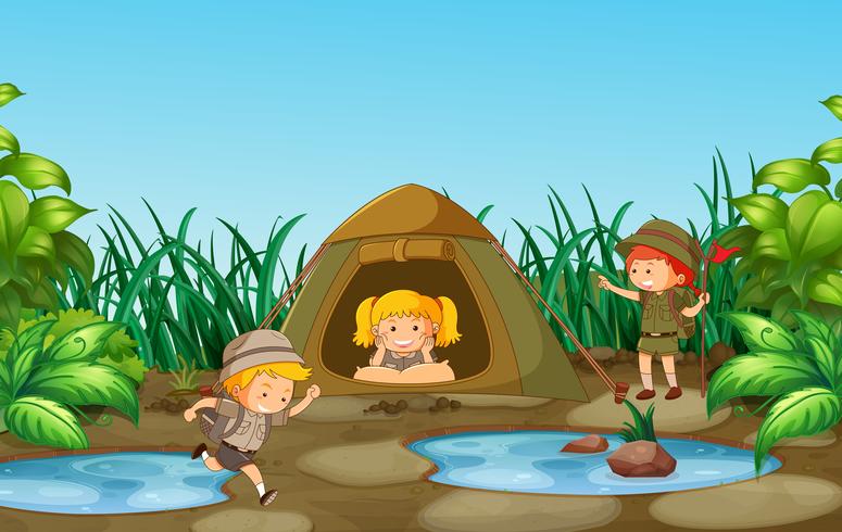 Camping niños en la naturaleza vector