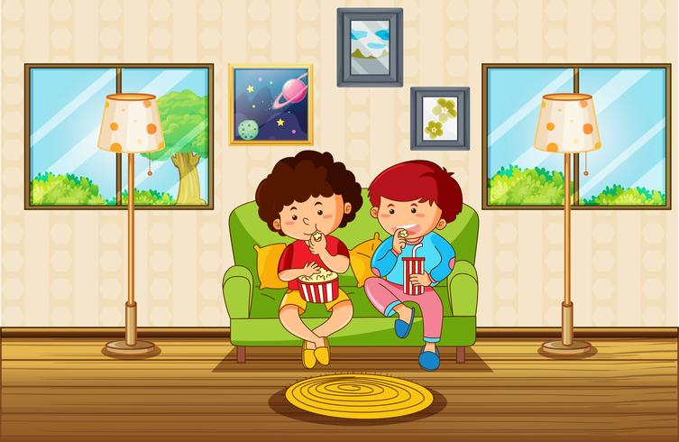 Living room scene with two boys eating snack vector