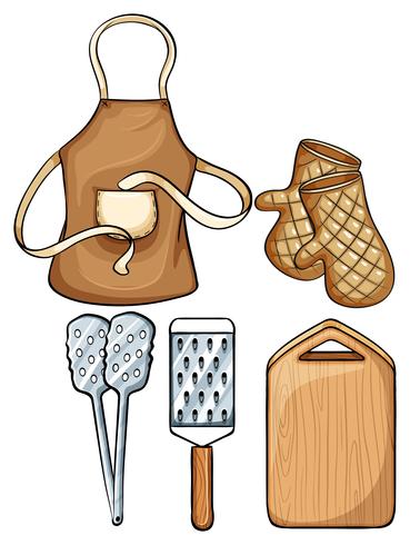 Utensilios de cocina con delantal y mitones. vector