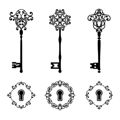 Vintage keys and keyholes set in black color isolated on white. vector