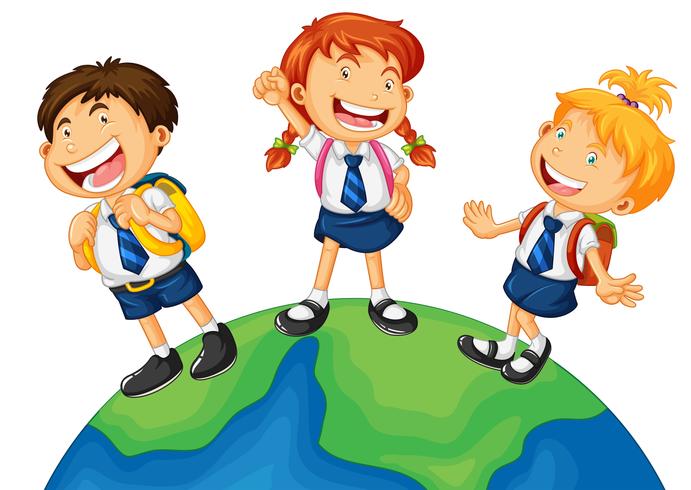 Three kids in school uniform standing on earth vector