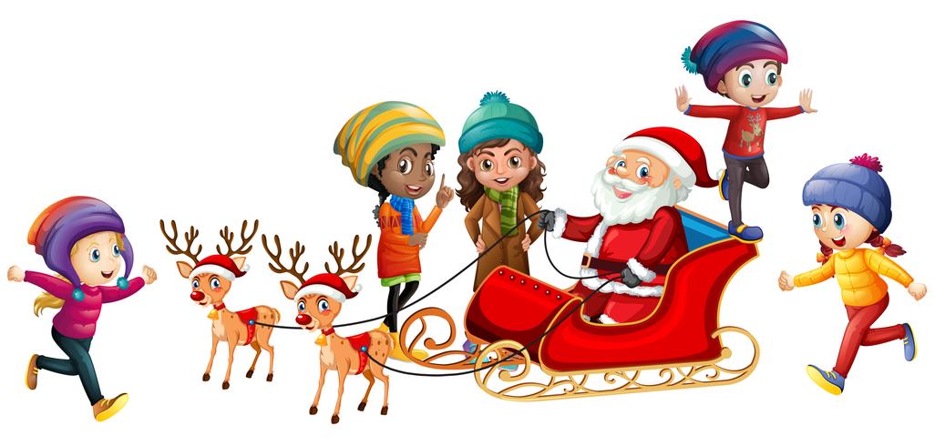 Santa y los niños sobre fondo blanco vector