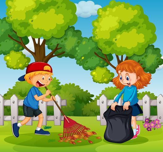 Boy and Girl Cleaning Garden vector