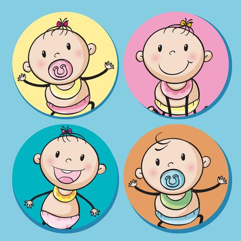 Baby boys and girls on round badge vector