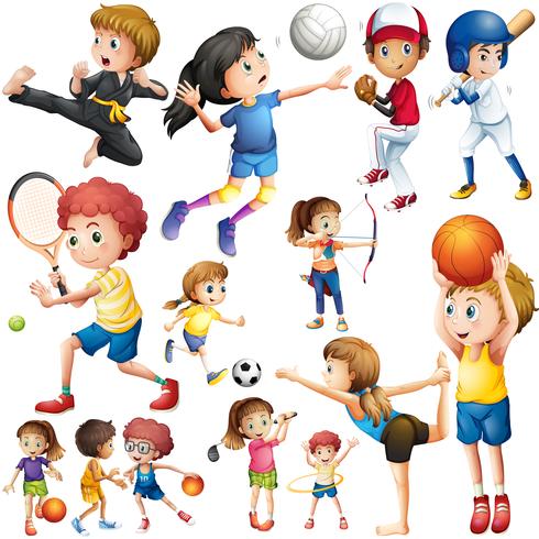 Niños practicando diferentes tipos de deportes. vector