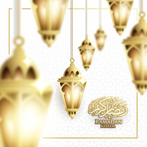 Hanging Ramadan Lantern or Fanoos Lantern  Crescent moon Background in Blurry Concept. For Web banner, greeting card  Promotion template in Ramadan Holidays 2019. vector