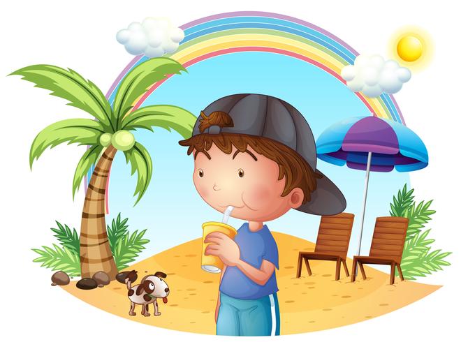 Un joven en la playa con su mascota. vector