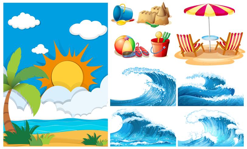 Escena de playa con grandes olas y equipamientos. vector