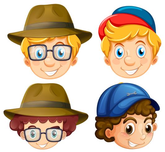 Cuatro caras de chicos con sombreros. vector