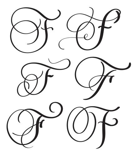 set of art calligraphy letter F with flourish of vintage decorative whorls. Vector illustration EPS10