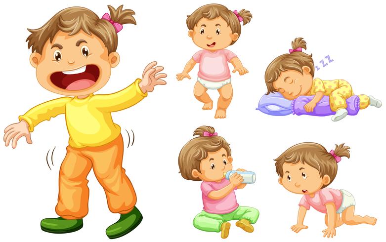Girl toddler in different actions vector