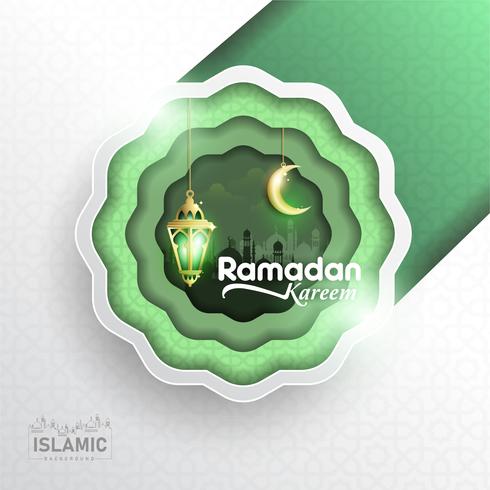 Ramadan Kareem Background arte de papel o estilo de corte de papel con linterna Fanoos, luna creciente y fondo de Mezquita. Para banner de web, tarjeta de felicitación y plantilla de promoción en Ramadan Holidays 2019. vector