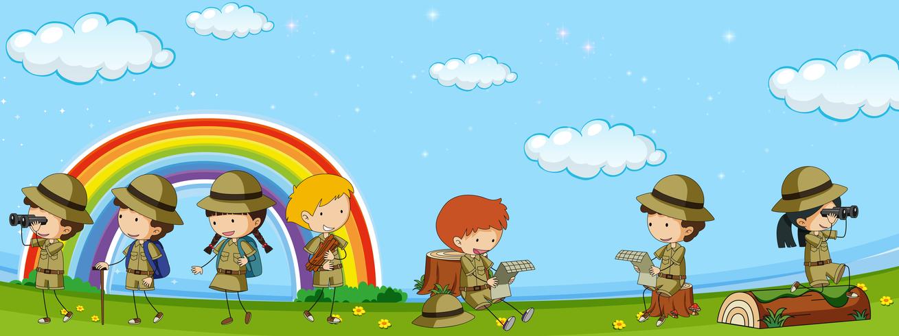 Many kids in scout uniform having fun in park vector
