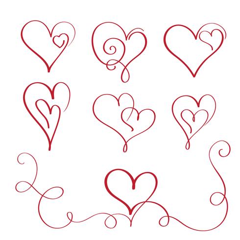 Conjunto de corazones rojos de la vendimia de la caligrafía del flourish. Dibujado a mano ilustración vectorial EPS 10 vector