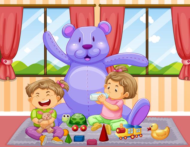 Dos niños jugando con juguetes en la habitación. vector