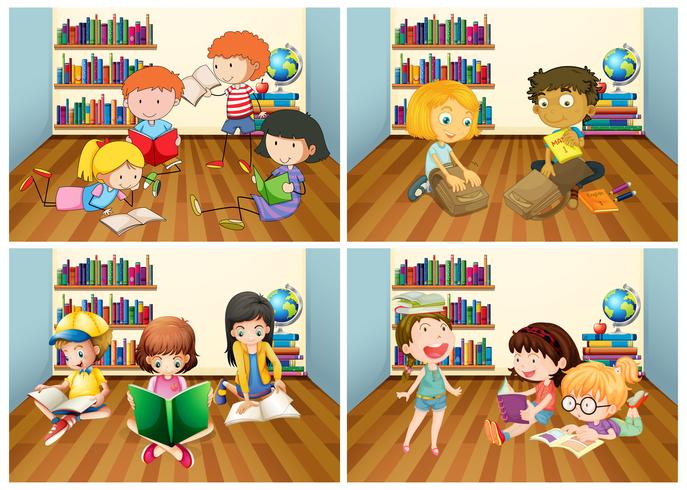 Students reading book in room vector