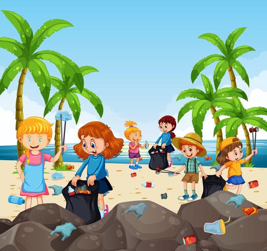 Niños voluntarios recogiendo basura en la playa. vector