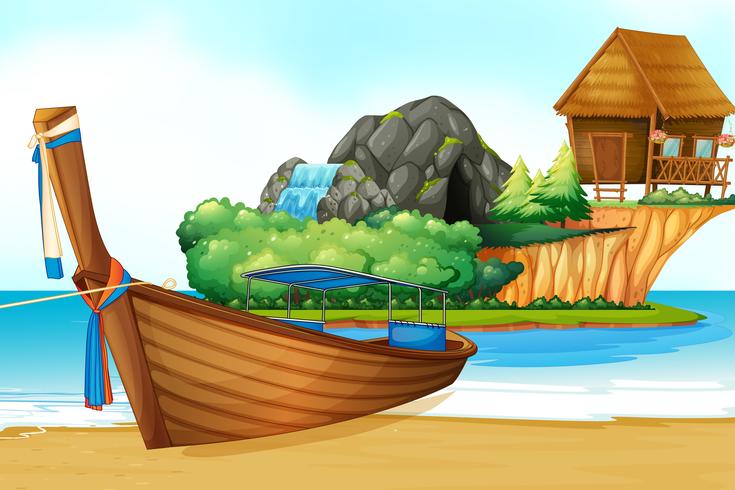 Background scene with wooden boat on the shore vector