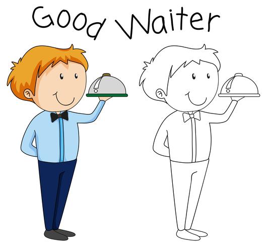 Doodle waiter character with serving tray vector