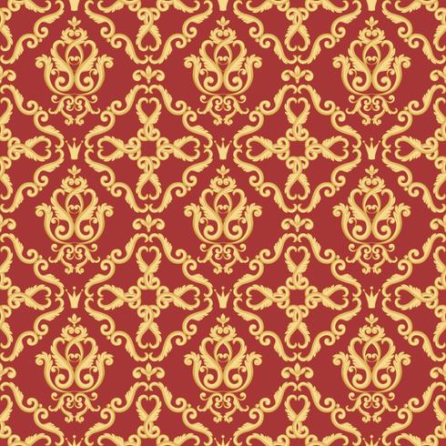 Patrón de damasco sin fisuras. Textura dorada y roja. vector