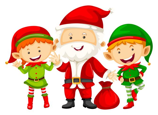 Santa and two eleves with red bag vector