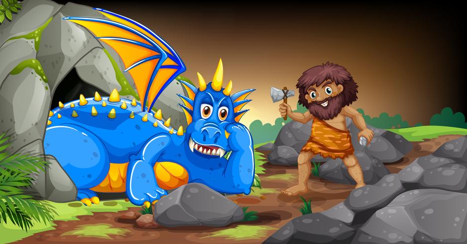 Caveman and dragon vector