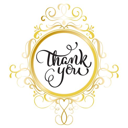 Thank you text with round gold frame on background. Calligraphy lettering Vector illustration EPS10