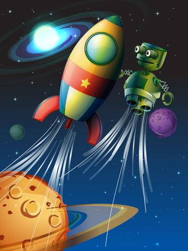 Rocket and robot flying in the space vector