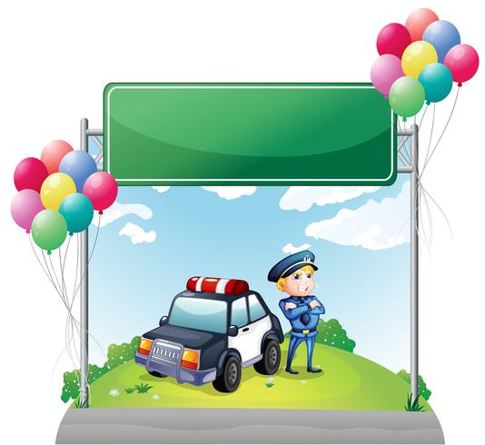 A policeman with his car near the green empty board vector
