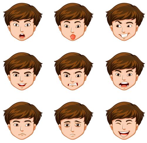 Hombre con diferentes expresiones faciales. vector