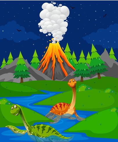 Scene with two dinosaurs in river vector