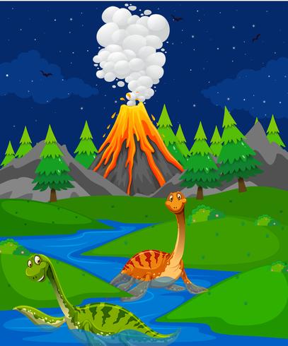 Escena con dos dinosaurios en el río. vector