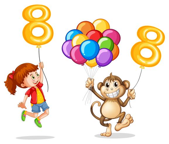 Chica y mono con globo numero ocho. vector