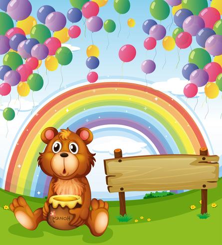 Un oso sentado al lado del tablero vacío con globos y un arco iris. vector