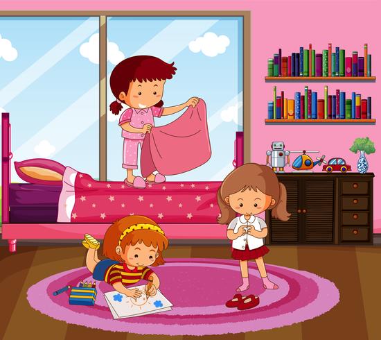 Three girls doing different things in bedroom vector