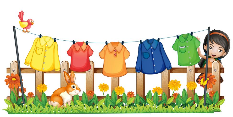 A lady hanging her clothes in the garden with a bird and a bunny vector