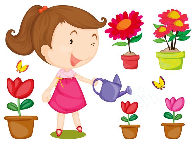 Niña regando flores vector