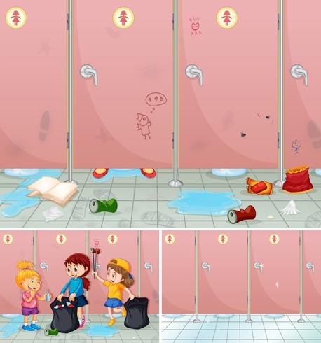 Escena de niños limpiando un baño. vector