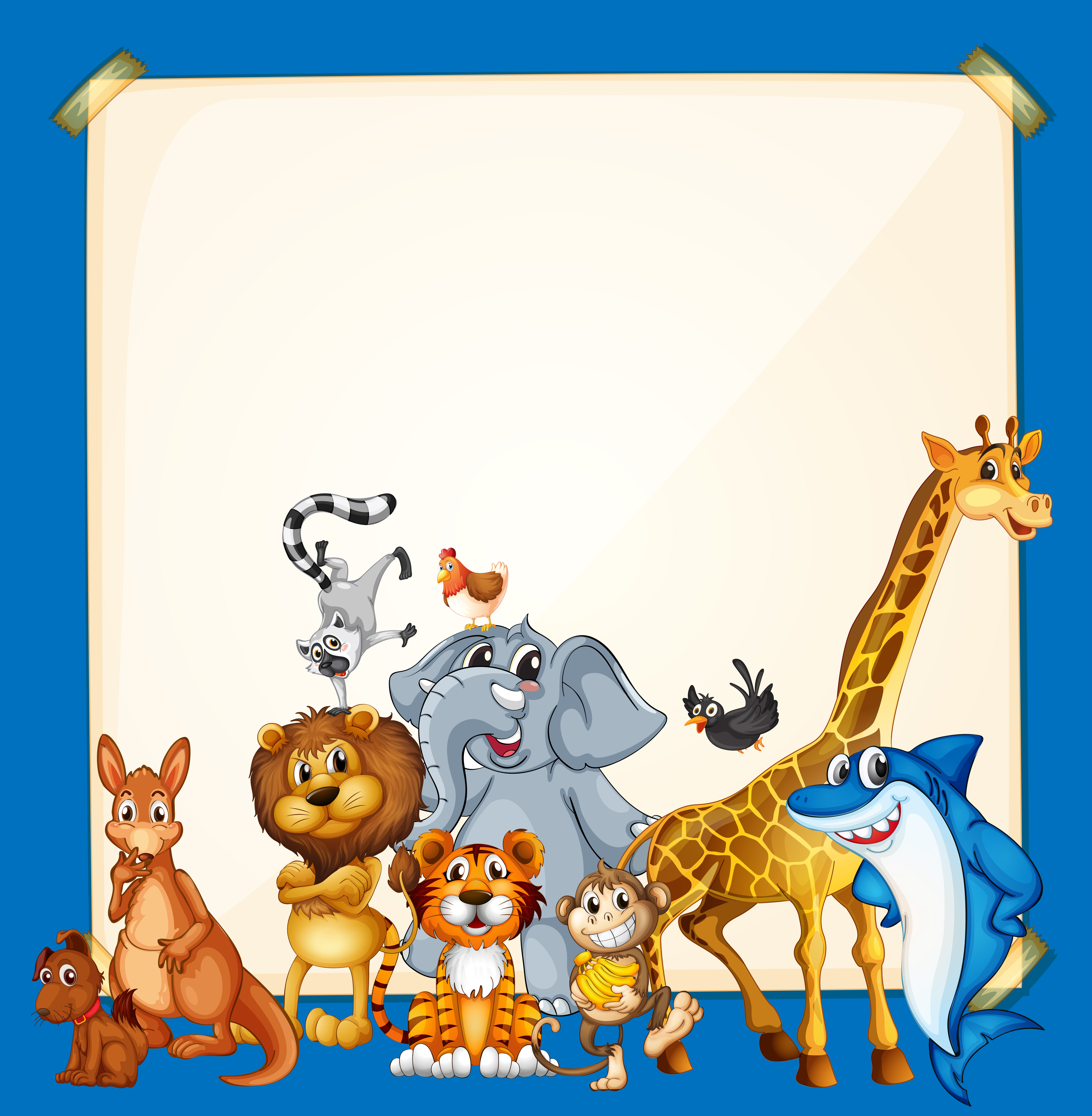 Download Border template with wild animals on blue background 418188 Vector Art at Vecteezy