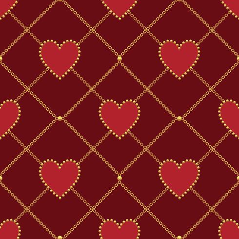 Heart shape and golden chain on dark red background. Seamless pattern. Vector illustration