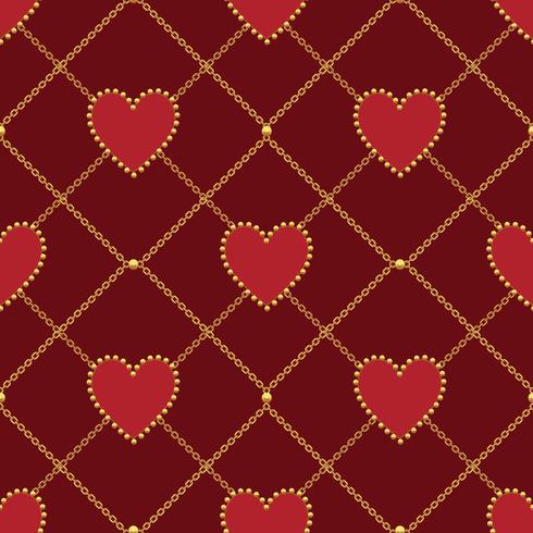 Heart shape and golden chain on dark red background. Seamless pattern. Vector illustration