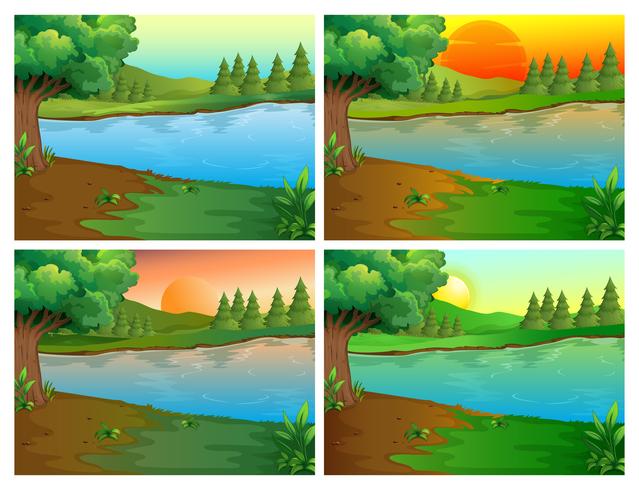 Four scenes of river and forest vector