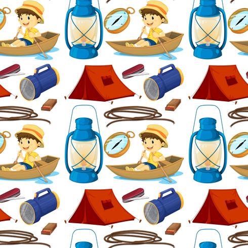 Seamless boy rowing boat and camping gears vector