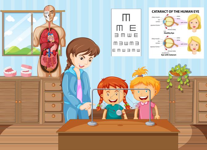 Teacher and students learning in science classroom vector