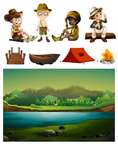 Camping y muchos niños. vector