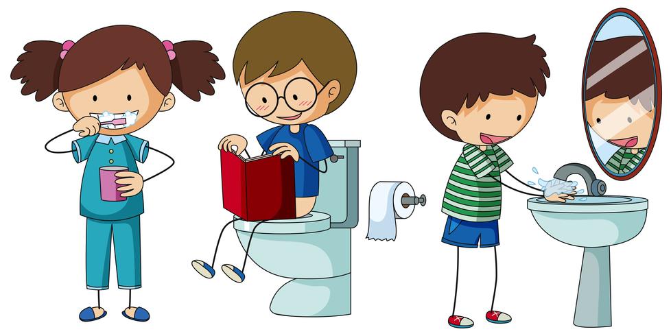 Niños haciendo diferentes rutinas en el baño. vector